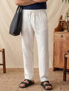 glestore Men's Vintage Style Casual Striped Linen Texture Long Pants, Suitable For Commuting, Leisure And Vacation, All Seasons - White - View 2