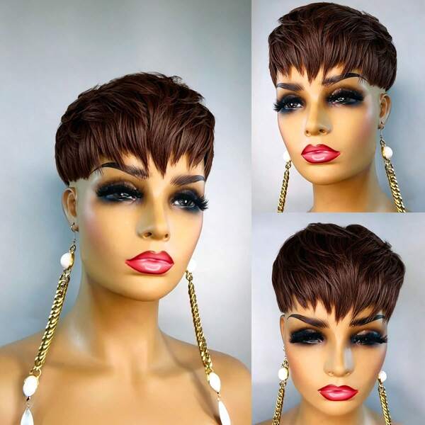 Short Hair Topper For Thinning Hair Real Human Hair Short Pixie Cut Toppers Pieces Straight Texture 1B Black,4# Brown, 99J Burgundy Color Wiglets Hairpieces Clip On Topper With Bangs