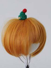 6 Inch Straight Bright Orange Pet Bob Wig With Full Bangs, Soft Synthetic Fiber, Cute Mini Knitted Green Hat With Pom Pom Decoration, Adjustable Strap, Suitable For Small Dogs And Cats Christmas Cosplay Costume Accessory, Halloween - Multicolor - View 6