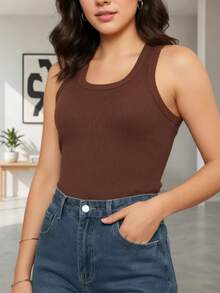 Cotton Ribbed Racerback Tank Top - Rust Brown - View 1