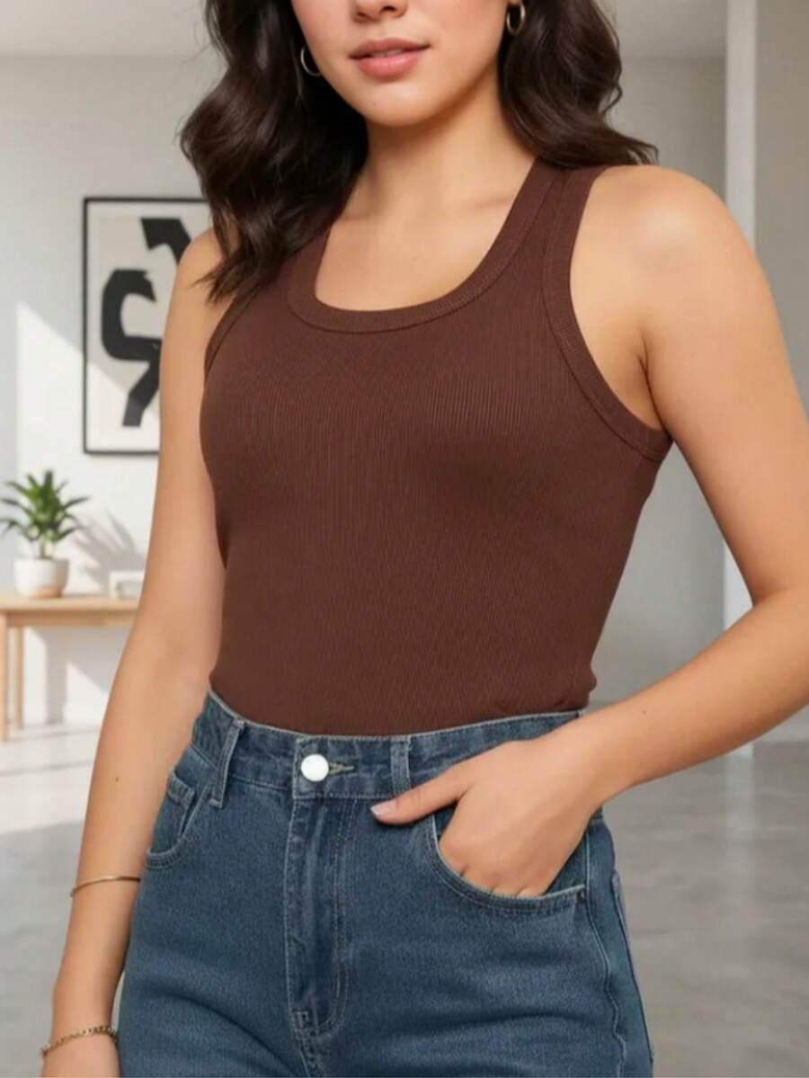 Cotton Ribbed Racerback Tank Top - Rust Brown - View 1