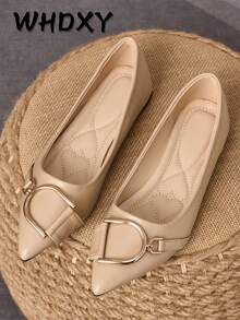 1 Pair Women's Flat Pointed Toe Work Shoes, Versatile Driving Loafers, Low Vamp Soft Sole Fairy Style Flat Heel Commuter Loafers - Khaki - View 1