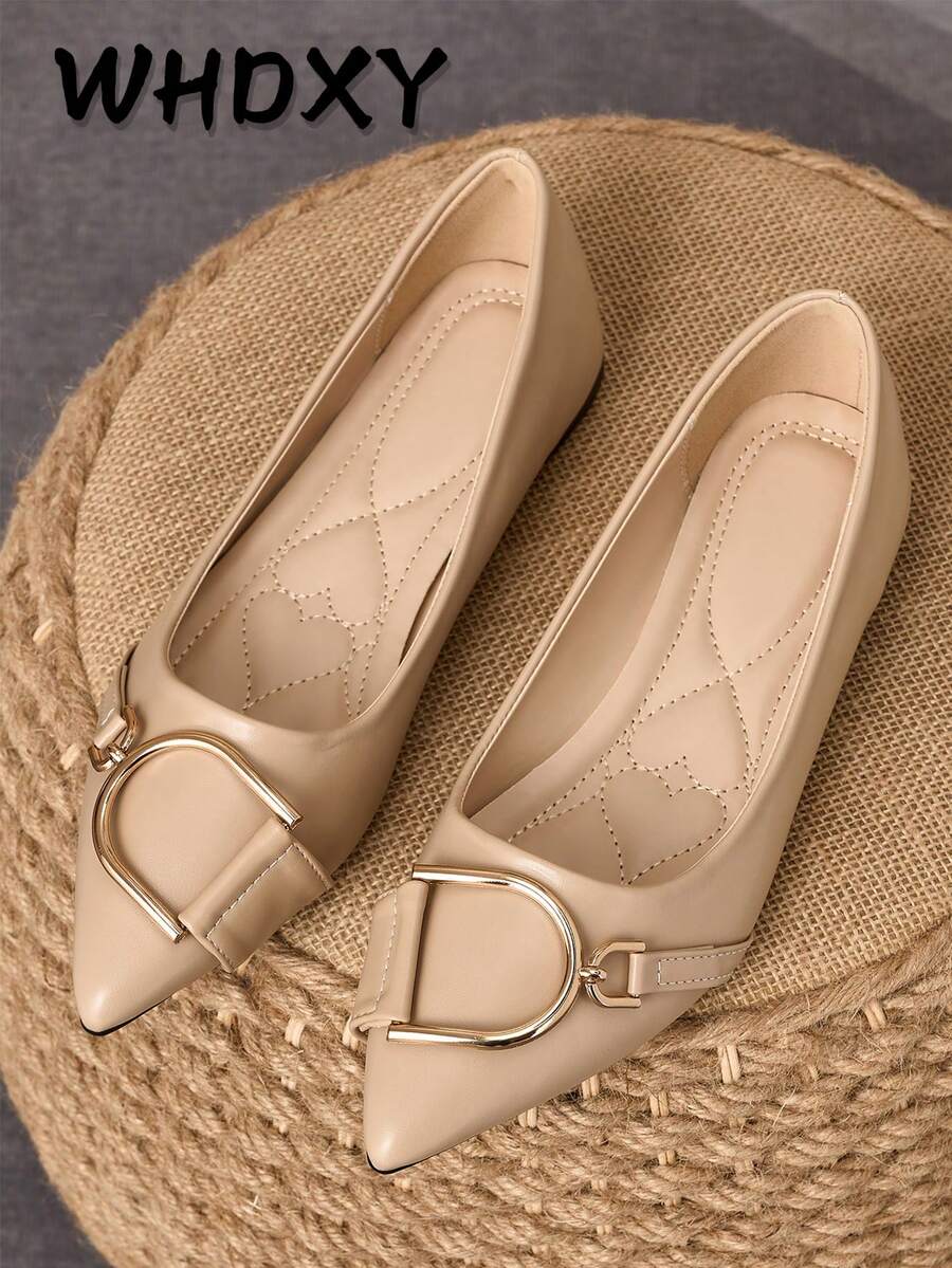 1 Pair Women's Flat Pointed Toe Work Shoes, Versatile Driving Loafers, Low Vamp Soft Sole Fairy Style Flat Heel Commuter Loafers - Khaki - View 1