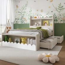 Children's Bed, Single Bed, Storage Bed With Drawers, Shelf And Bench With Storage Space, Wooden Bed 90x190 Cm - White - View 3