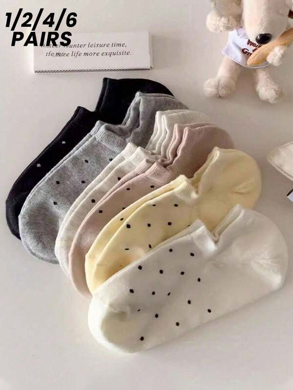 1/2/4/6 Pairs Women' Polka Dot Socks, Thin Ankle Boat Socks, Minimalist Low Vamp Hidden Socks, Spring/Summer