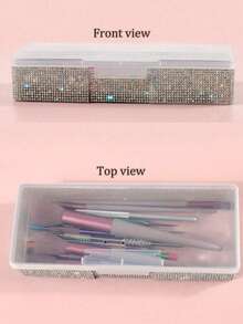 1pc Shiny Full Rhinestone Nail Art Storage Box, Nail Tool Storage Box, Suitable For Nail Files, Gel Pens, Nail File Storage Rack, Nail Brush Storage Box, Stationery Storage Box, Gel Nail Brush Sponge Storage Box - Multicolor - View 2
