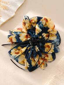 topshiny 1pc Women's Large Floral Print Flower Bow Ponytail Claw Clip, Layered Fabric Hair Clip With Long Ribbon Tail, Elegant Ponytail Hair Accessory - Multicolor - View 12