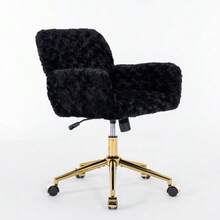 Dressing Chair In Fluffy Faux Rabbit Fur, Purple, Height Adjustable, 360° Swivel, With Armrests, Gold Metal Caster Base, Comfortable, Ideal For Bedroom Or Office, DE1831VT - 黑色 - 查看 4