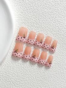10件甜美風手工穿戴甲，Polygel美甲套組，櫻桃、波點與蕾絲、法式、粉色、黑色與綠色指甲油，極簡風，含美甲工具，3種尺寸可選，杏仁、鴨嘴、棺材形，適合派對、跳舞、日常配戴 - 彩色 - 查看 13
