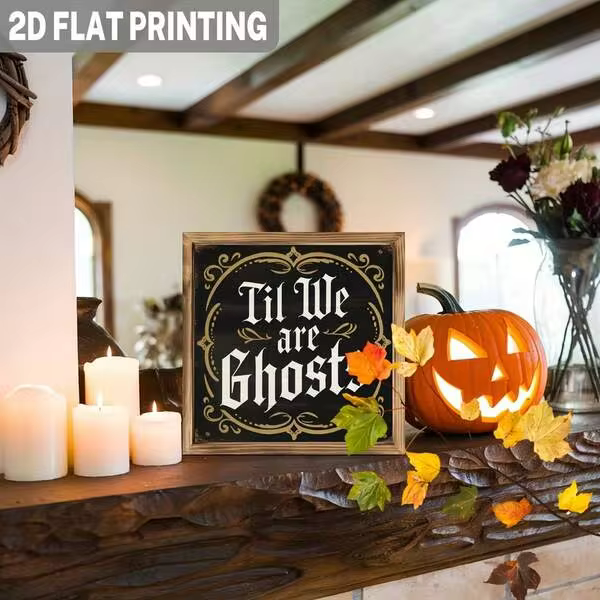 2D Flat, 1 Vintage Gothic Wooden Frame Halloween Wall Hanging Until We Become Ghosts - A 2D Flat Country-Style Decoration With Black And Gold Lettering, Measuring 8x8 Inches (20.32x20.32 Cm), Made From Wood.