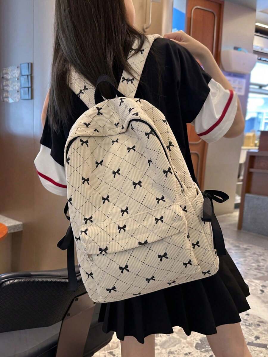 大容量女款後背包,極簡蝴蝶結設計,百搭時尚,小巧休閒燈芯絨媽媽包,適合學生 - 彩色 - 查看 1