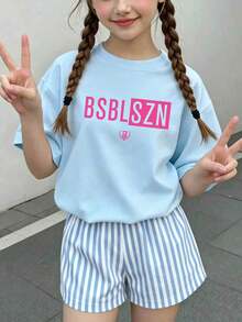 青少年女孩休閒趣味圖案印花圓領短袖套頭T恤夏季上衣 - 淺藍色 - 查看 2