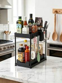 1pc Under Sink Storage Rack, Pull-Out Sliding Storage Cabinet, 2-Tier Shelf Under Sink Organizer, Suitable For Kitchen And Bathroom, Multi-Functional Storage Rack - Black - View 9