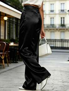 New Acetate Satin White Wide-Leg Pants For Women, High-Waisted Straight Leg Trousers, Versatile For Commuting, Festival Outfits Summer Black - Black - View 2