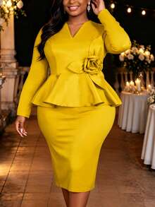 AOMEI Elegant Sophisticated Noble Plus Size Women Yellow V Neck Long Sleeve Ruffle 3D Floral Mid-Length Bodycon Dress Birthday Party Wedding Guest For - Ginger - View 2
