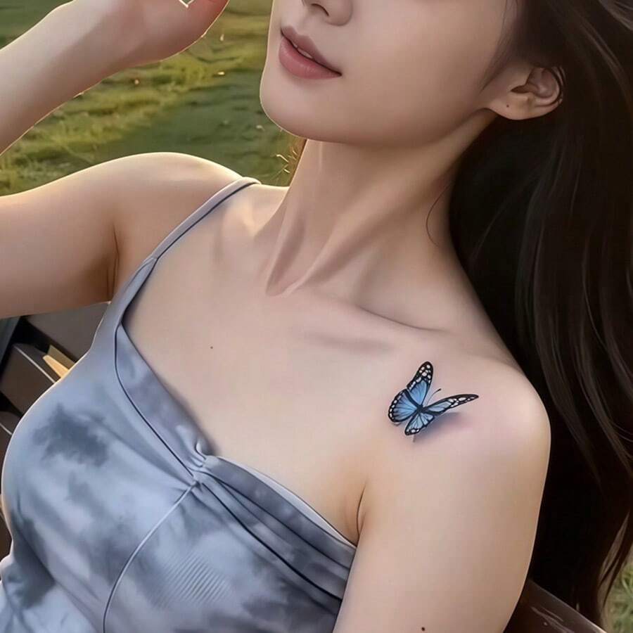 2pcs 3D Gradient Blue Butterfly Temporary Tattoo Stickers, Realistic Waterproof Disposable Body Decals, Sweet & Cool Body Accessory - Red - View 1
