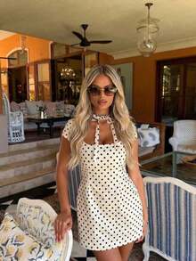 Nuevo vestido corto de primavera/verano con cuello cuadrado, manga corta y decoración de lazo, adecuado para salidas de primaver - Negro - Ver 5