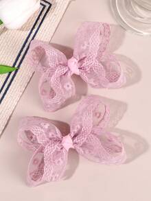 2件組粉色蕾絲刺繡雛菊蝴蝶結髮夾，鏤空時尚女孩髮飾，休閒日常禮物髮夾 - 粉色 - 查看 3