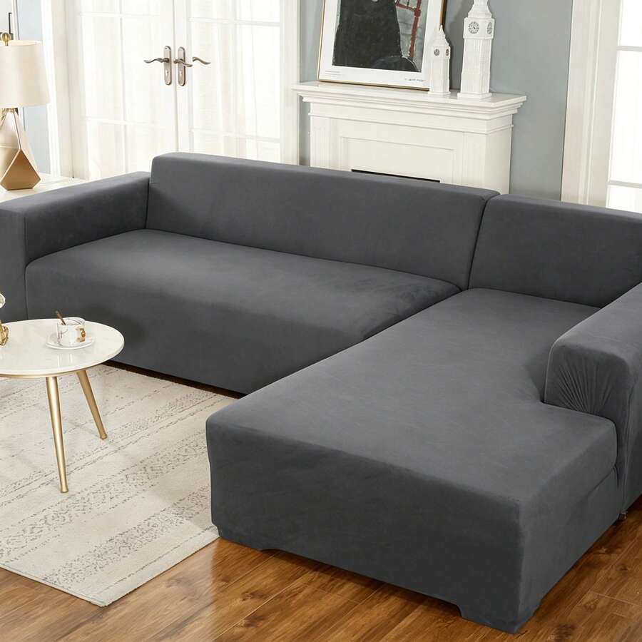 Funda de sofá en forma de L, 2 piezas de tela de seda de leche elástica, adecuada para sofá de 2+3/3+3/3+4/4+4 plazas, funda de protección de muebles, funda elástica de sofá chaise longue suave en forma de L - Gris Oscuro - Ver 1