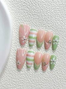 10片清新風手工穿戴甲，Polygel美甲套組，線條藝術與手繪花卉，綠色、粉色、白色指甲油，極簡風格，含美甲工具，3種尺寸可選，杏仁形、鴨嘴形、棺材形，適合派對、跳舞、日常配戴 - 彩色 - 查看 19