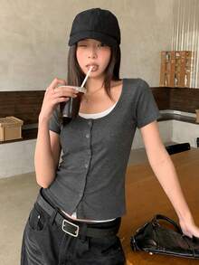 Korean Minimalist Preppy Style Niche Color Block Design Round Neck Summer Slimming 2 In 1 Fitted Short Sleeve T-Shirt Crop Top For Women - Grey - View 3