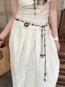 1pc Coffee Brown Polyester Vintage Bohemian Beaded Woven Waist Rope For Women - Coffee - View 1