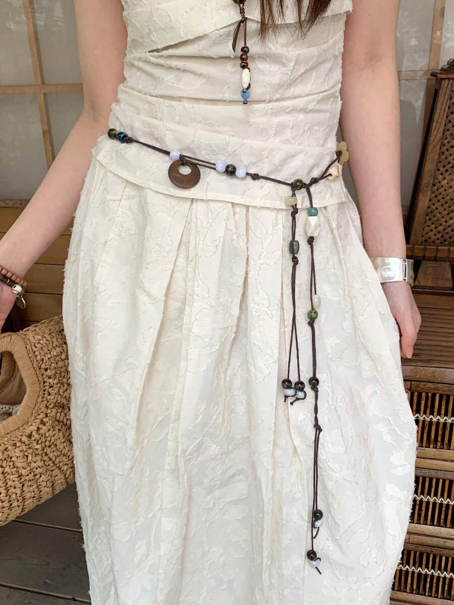 1pc Coffee Brown Polyester Vintage Bohemian Beaded Woven Waist Rope For Women - Coffee - View 1