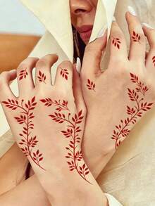 1 Sheet Wine Red Tiny Leaf Branch Temporary Tattoo Sticker, Waterproof Long-Lasting Mini Foliage Fake Tattoo, Body Art Decal For Fingers Hand Wrist Palm - Red - View 3