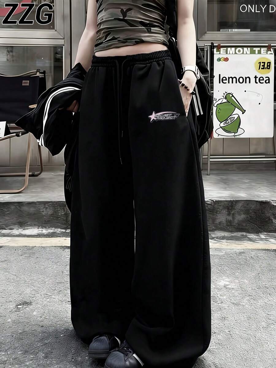 ZZG 女款簡約字母印花休閒百搭時尚黑色抽繩寬鬆運動長褲，適合街頭風與運動穿搭