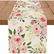 1pc Watercolor Pink Rose Table Runner, Green Leafy Floral Print Country-Style Table Runner, Wedding And Bridal Party Decoration Long Table Cloth, Suitable For Kitchen Parties And Home Decor - Pink - View 1