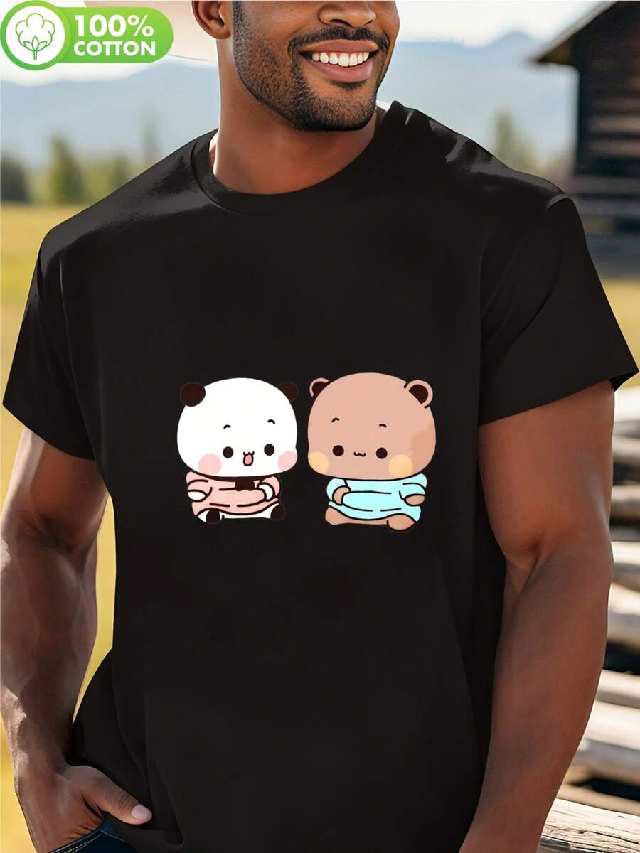 Maglietta da uomo vintage anime Bubu - Dudu che ballano innamorati | Stampa carina di coppia chibi, maniche corte, collo tondo, maglietta casual, vestibilità comoda per tutte le stagioni - nero - Visualizzare 1