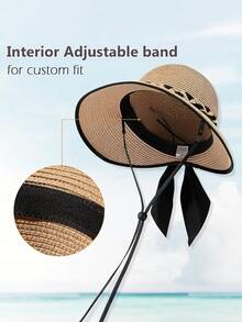 Women's Wide Brim Straw Hat, Comes With Adjustable Chin Strap Windproof Rope, Summer Large Brim Sun Hat, Rollable Portable Design Beach Hat, Lightweight Suitable For Swimming, Outdoor, Travel - A - View 3