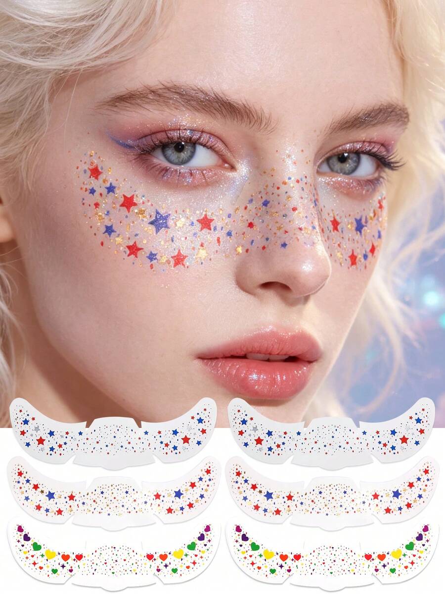 ملصقات وشم مؤقتة للنمش، 6 قطع وشم وجه بنمط ونجمة وقلب ونمش، تصميم نقاط ونجوم متلألئة باللون الأحمر والأزرق والذهبي، مقاوم للماء وطويل الأمد، جمالية Y2K Coquette Festivalcore، للفتيات والنساء، للعطلات