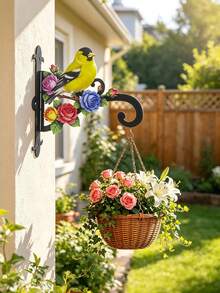 Colorful Goldfinch & Floral Decorative Wall Mount Plant Bracket, Wrought Iron Hanging Flower Pot Hook, Heavy Duty Anti-Rust Hanger For Hanging Basket, Bird Feeder, Wind Chime, Lantern, Outdoor Patio Yard Porch Garden Wall Art Decor - Yellow Bird Flowers - View 11