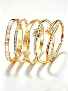 New Fashion Stainless Steel Layered Bracelet Set, 18K Gold Plated Stainless Steel Women's Bracelet, Shell & Clover Bracelet, Waterproof, Hypoallergenic, Non-Fading, Perfect Gift For Festivals, Parties And Daily Wear - Gold - View 8
