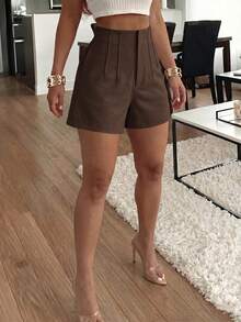 Women's Pleated Apricot Woven Shorts, Fashion Straight Leg Non-Stretch With Pockets Summer Bottoms, Summer Shorts, Office Versatile Shorts - Coffee Brown - View 2