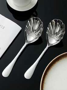 1pc/2pcs High Quality Multi-Functional Stainless Steel Hammered Shell Spoon, Portable Home Hotel Buffet Serving Spoon, Food Serving Spoon, Long Handle Large Public Spoon, Soup Spoon, Service Spoon, Creative Gift Suitable For Kitchen, Restaurant, Camping And Picnic Use - View 6