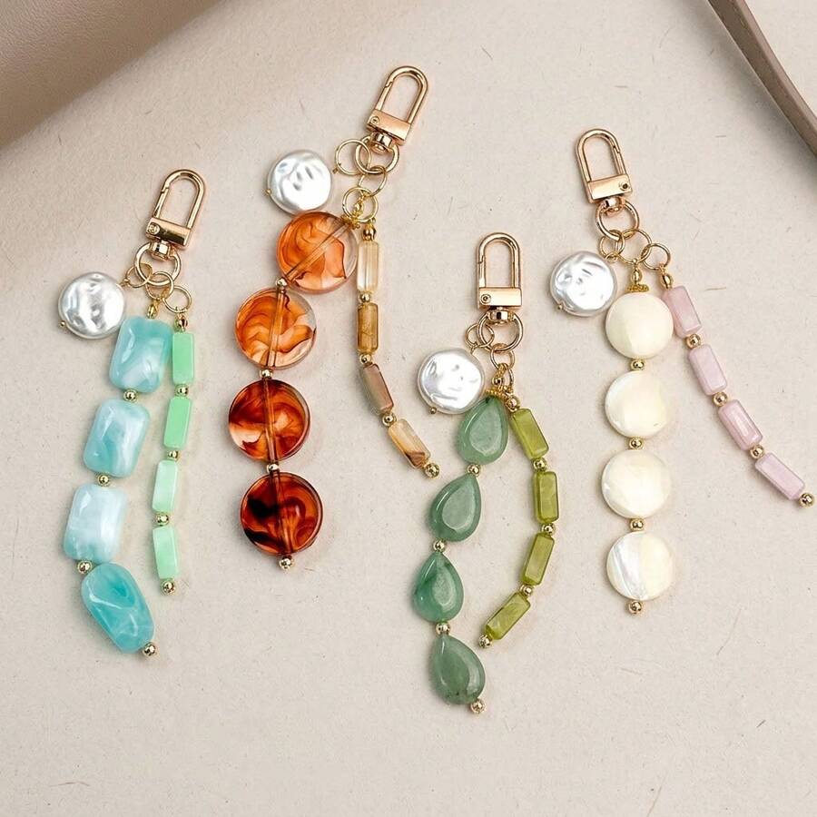 Cute Faux Pearl & Faux Gemstone Bag Charm, Creative Tortoiseshell & Pink Beads Keychain, Bohemian Style Shell Decor Accessory, Suitable For Backpacks & Handbags - Multicolor - View 1