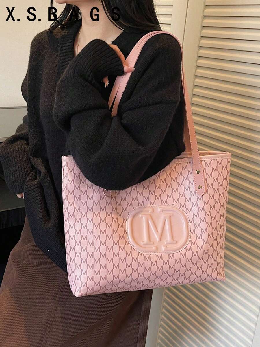 歐美女款通勤托特包 時尚單肩包 大容量極簡復古印花手提包 - 粉色 - 查看 1