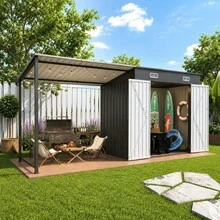 12x4 FT Metal Lean-To Shed With Pergola 6x4 FT Outdoor Storage Shed And Hardtop Gazebo Combo 2-In-1 Garden Tool Shed With Open Side For Patio Backyard Deck - Gray1 - View 9