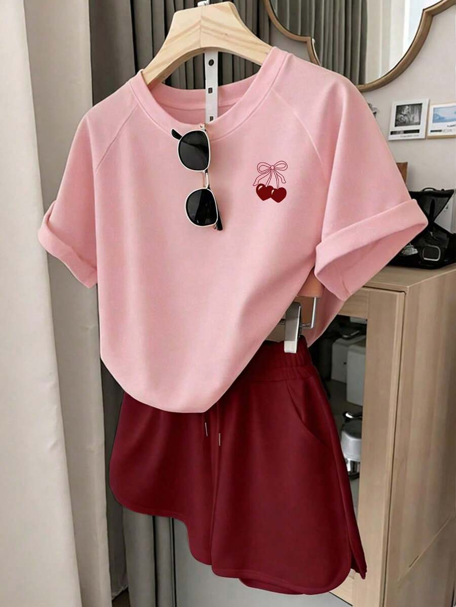Resyla Women's T-Shirt And Shorts Set, Solid Yellow, Summer Casual Wear, Graphic Design, Stylish, Versatile, For Daily Wear, Outdoor Activities, Shopping, Travel H7PT - 粉色 - 查看 1