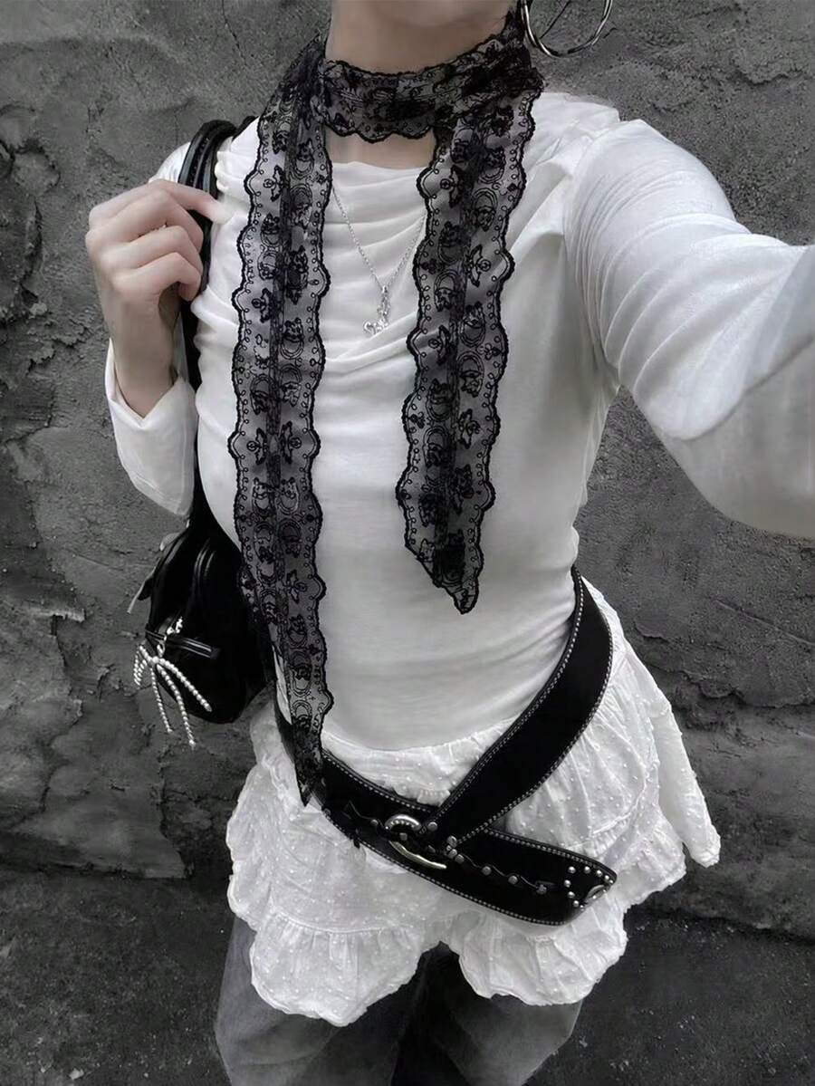 1件柔軟優雅蕾絲時尚花卉刺繡圍巾,女款辦公手腕帶/髮帶/頭巾/頸巾 - 黑色 - 查看 1