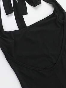WOWDARK Women Summer Solid Color Halter U-Neck Backless Jumpsuit - Black - View 11