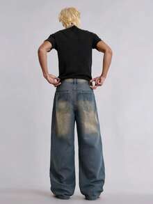 Minimalist Business For Every Season Men's Casual Classic Vintage Distressed Washed Denim Wide Leg Pants Versatile Fashion Social Office Loose Long Trousers - Dusty Blue - View 5