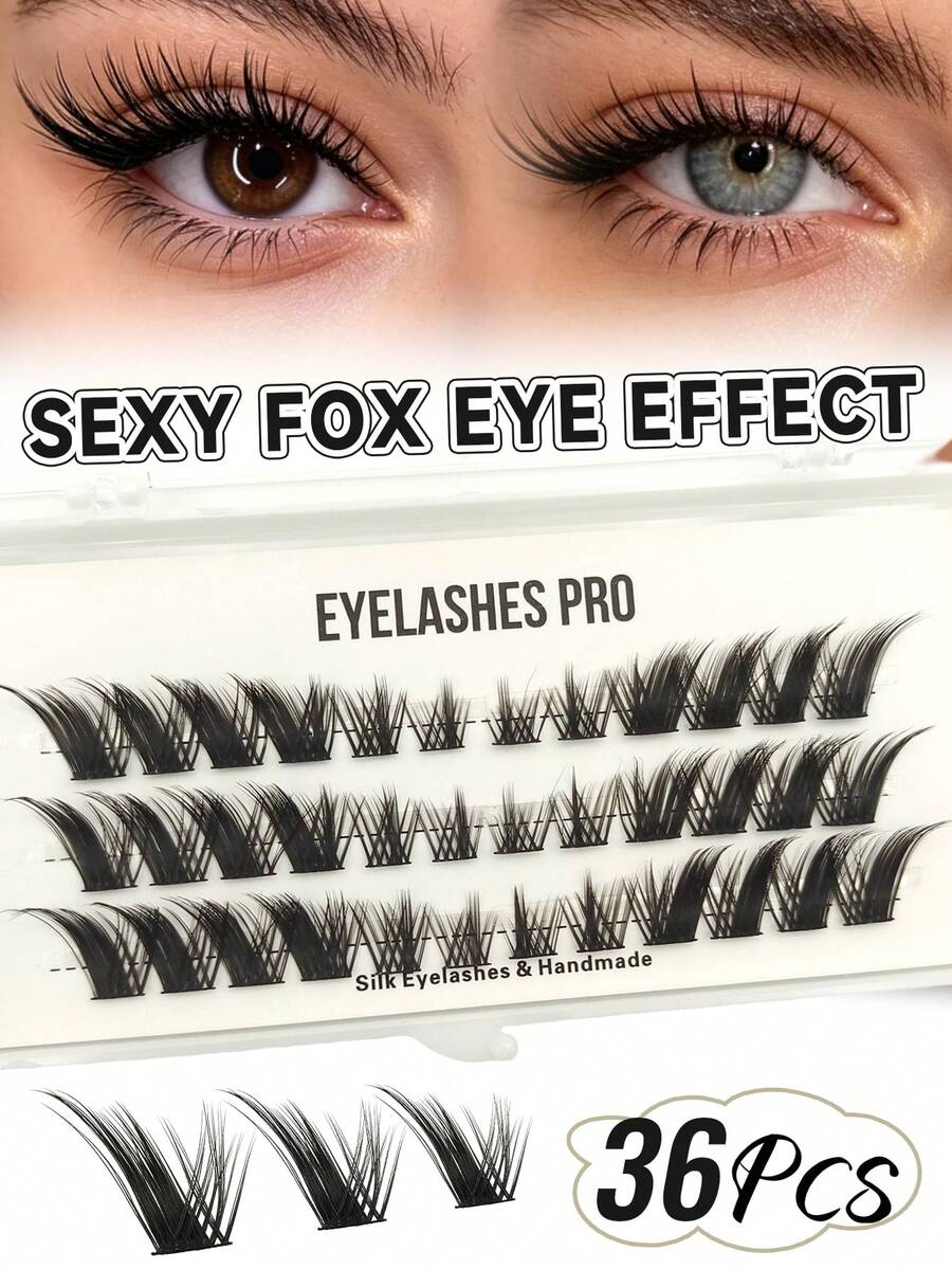 MEM 36 Clusters Of Fox Eye False Eyelashes, Mixed Length, Eye Tail Extension False Eyelash Clusters, Fluffy, Curly, Suitable For Women's Eye Makeup, Parties, Clubs, Makeup Beginners To Use, Eyelash Clusters, Single Eyelashes, False Eyelashes
