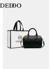 Dedoo Vintage Print Mini Cylinder Handbag With Scarf Decoration, Detachable Shoulder Strap, Versatile One Shoulder Crossbody Bag For Women - Black - View 2
