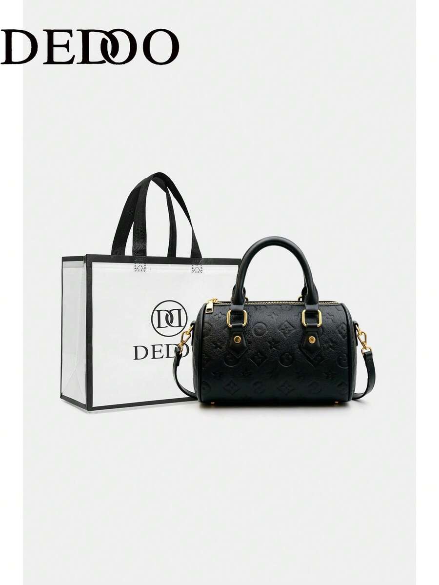 Dedoo Vintage Print Mini Cylinder Handbag With Scarf Decoration, Detachable Shoulder Strap, Versatile One Shoulder Crossbody Bag For Women