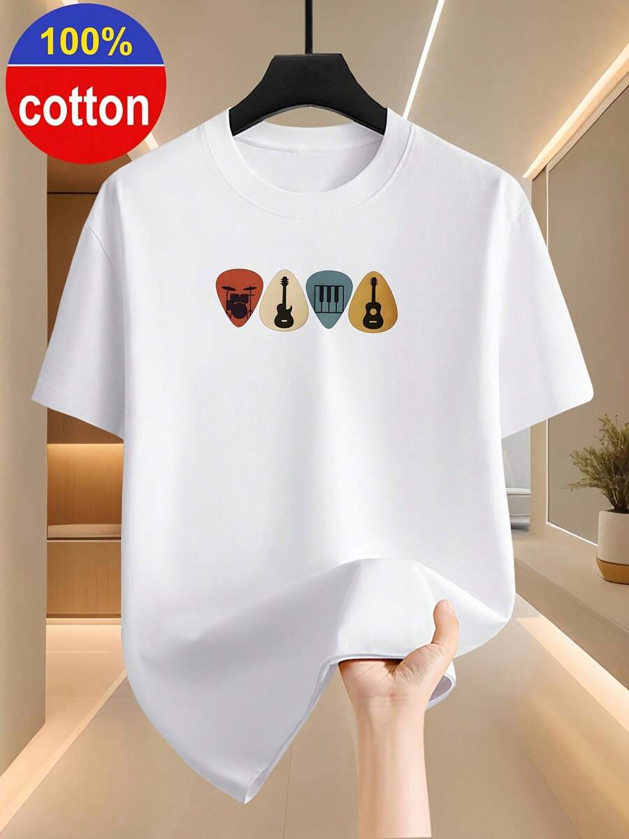 Camiseta de manga corta para hombre, 100% algodón, con diseño de "guitarra" para amantes de la música, top elegante y minimalista, tela de algodón puro para mayor comodidad y transpirabilidad. - Blanco - Ver 1