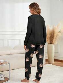 Women's Customized Pajama Set, Can Print Any Pattern, Personalized Pajamas With Photo, Fun Customized Image Comfortable Pajamas. Suitable For Valentine's Day, Birthday, Gift-Giving And Other Occasions, Personalized, Colorful, Cute And Playful, Humorous And Witty, Unique Customization, Exclusive, Ideal Girlfriend Gift, Suitable For Girlfriend, Family, Friends, Elders, Autumn Fashion, Holiday Party - Black - View 2