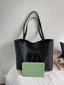Bolso Tote de Mujer Estilo Europeo y Americano para el Trabajo, Bolso de Hombro de Moda, Bolso de Mano de Gran Capacidad con Estampado Vintage Minimalista - Negro - Ver 8